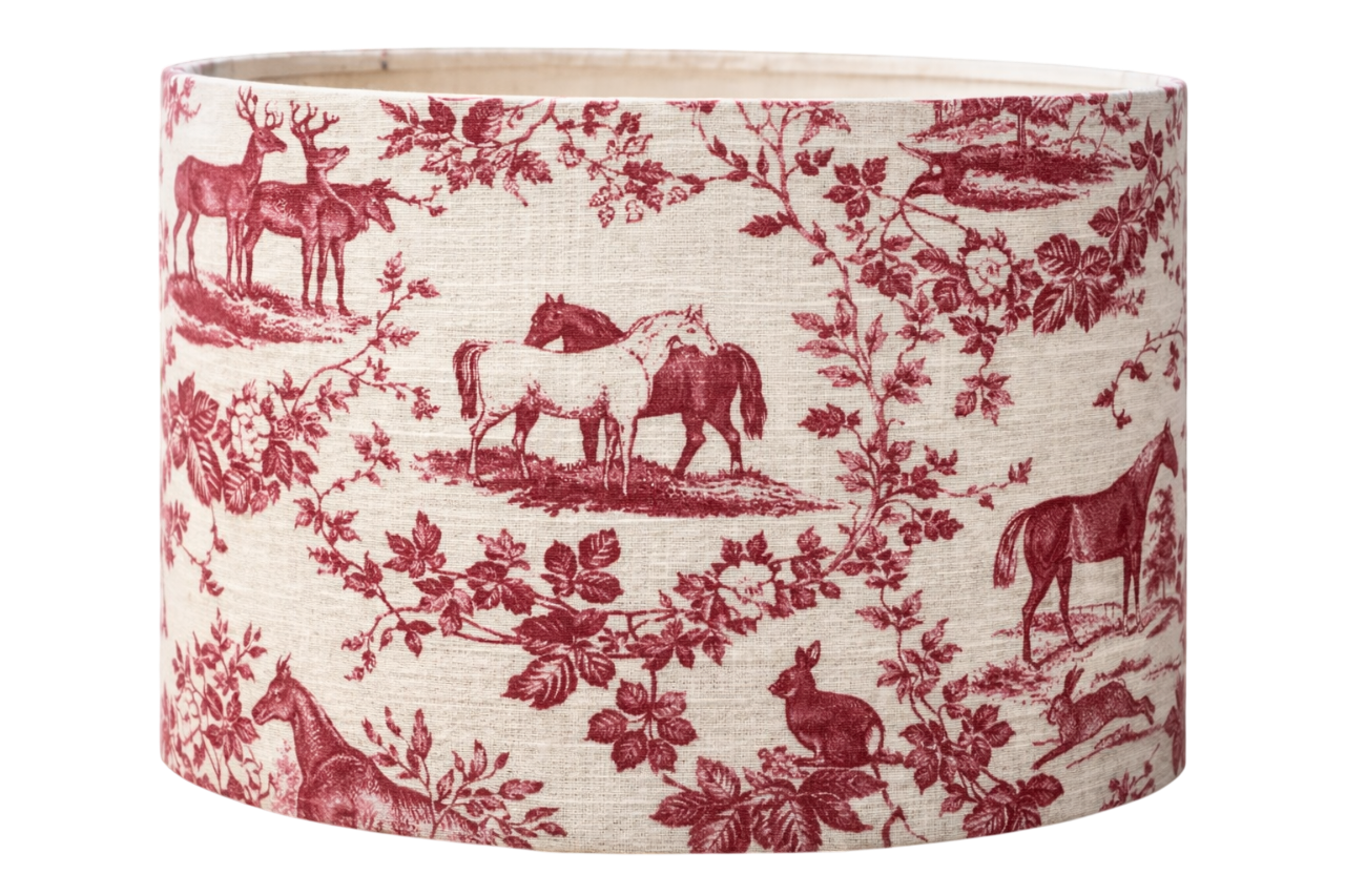 Red Toile Horse & Deer Linen Drum Lampshade – Country Woodland Print, Handmade Style